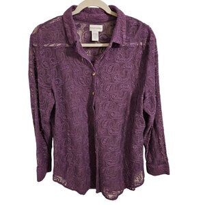 Soft Surrounding Woman SZ L Purple Paisley Lace Sheer Button Up Blouse Whimsical